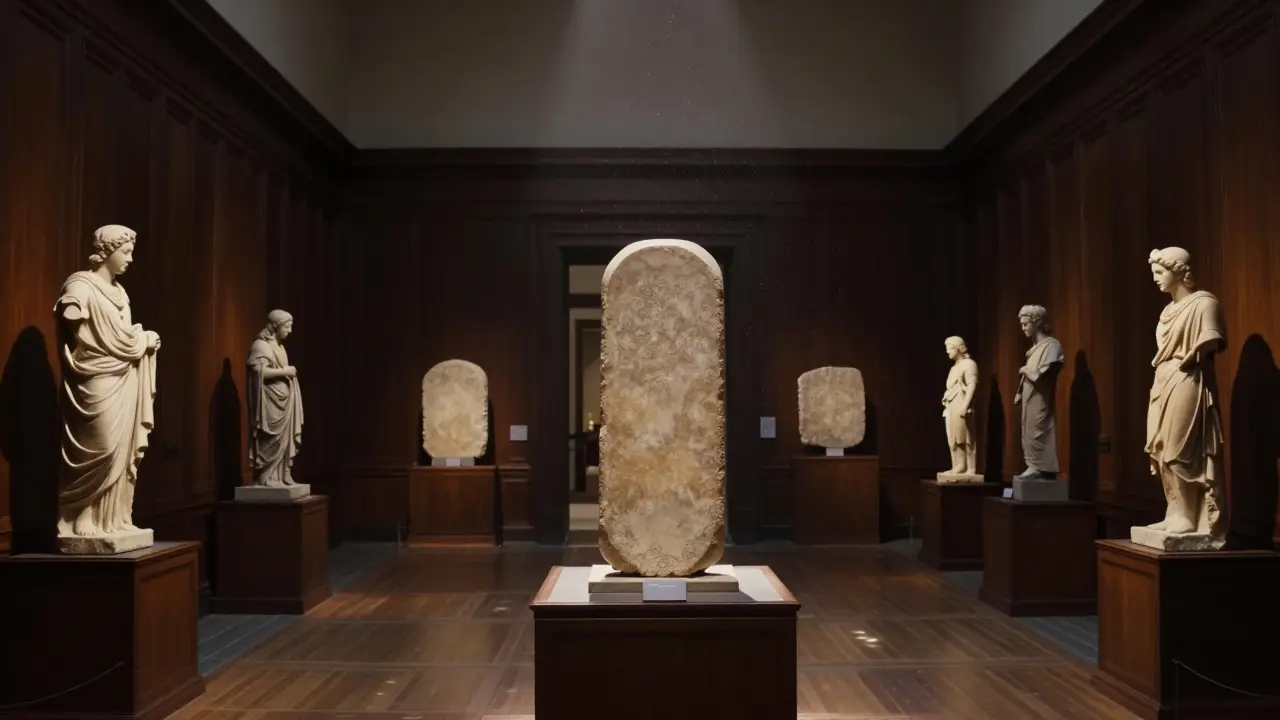 Interior view of a museum hall displaying ancient historical artifacts