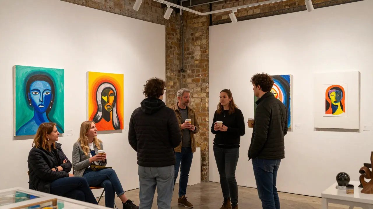 Local artists and visitors interacting casually at an open studio event in a warehouse gallery filled with colorful artwork.