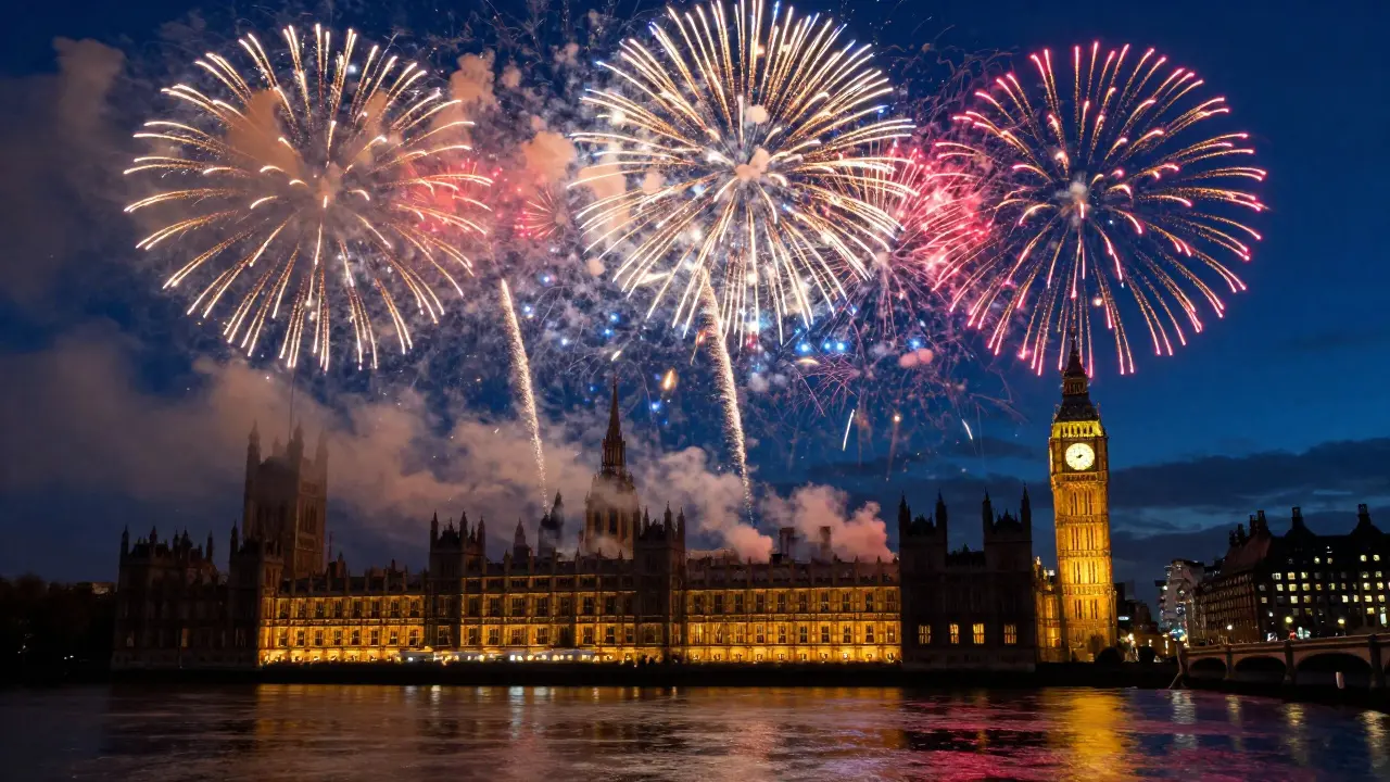 New Year's Eve fireworks exploding above London's Parliament buildings.