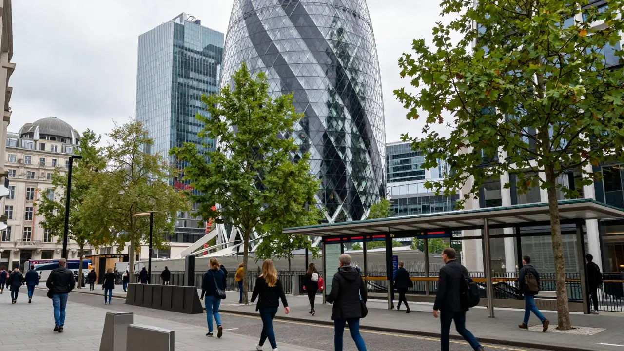 Pedestrians walking near a modern skyscraper with wind barriers on the sidewalk.