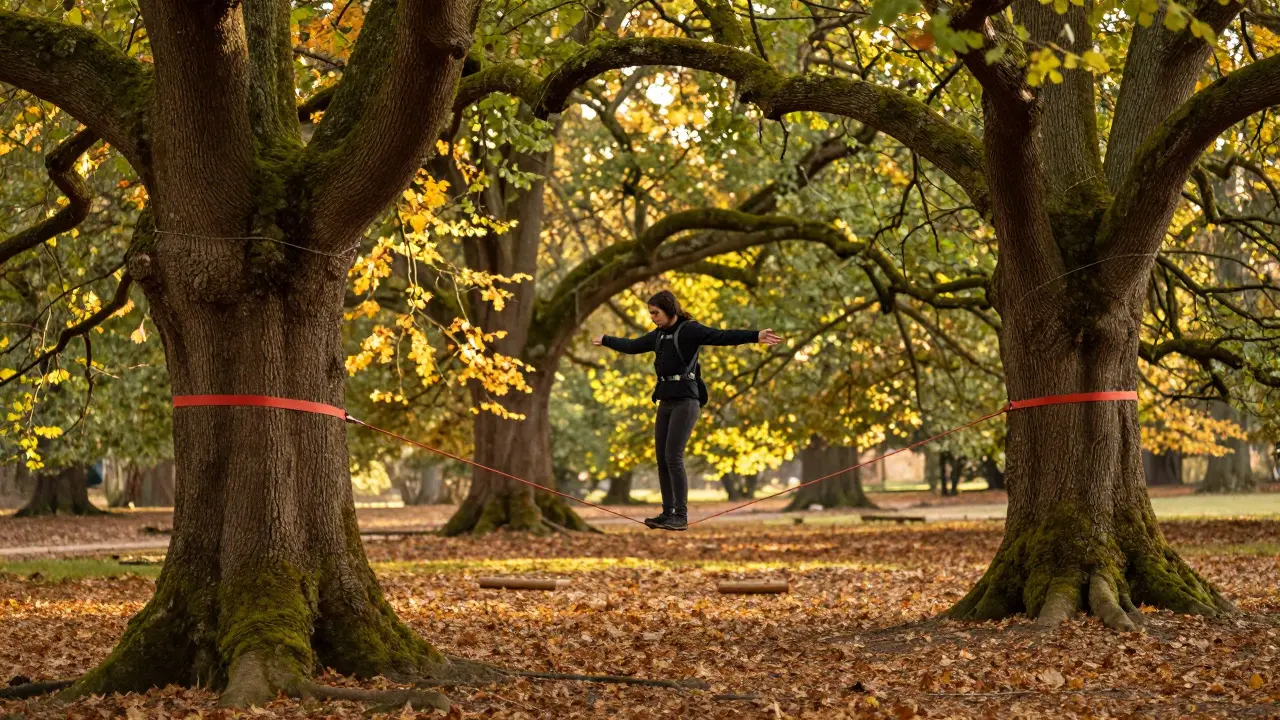 Person balancing on slackline between ancient oak trees in Windsor Great Park woods.