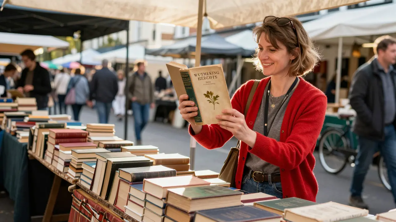 Portobello Road book market with a woman in a red cardigan holding a vintage copy of Wuthering Heights with a pressed flower.
