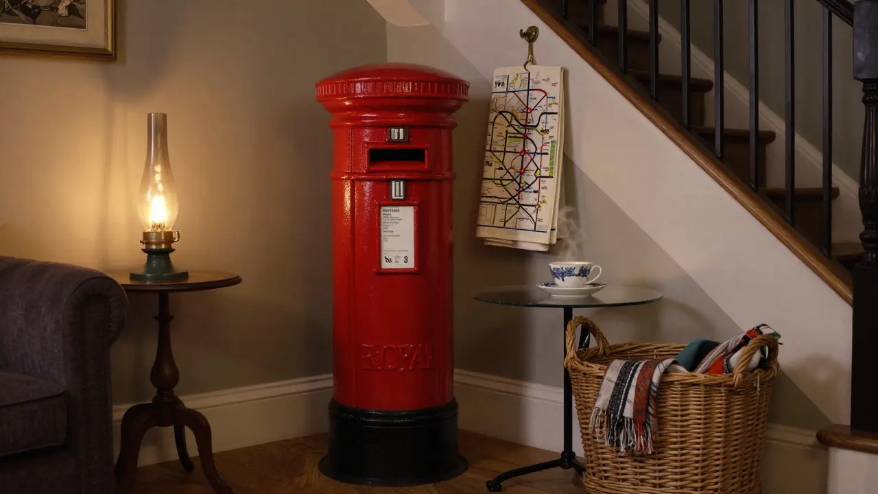 Red postbox side table with glass top and V&amp;A tea towel on brass hook, glowing gas lantern nearby in a London flat.