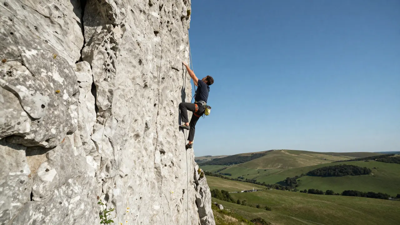 Rock climber ascending white chalk cliff face in the South Downs under blue sky.