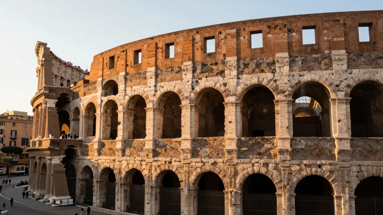 The Colosseum amphitheatre with warm sunlight illuminating the stone arches
