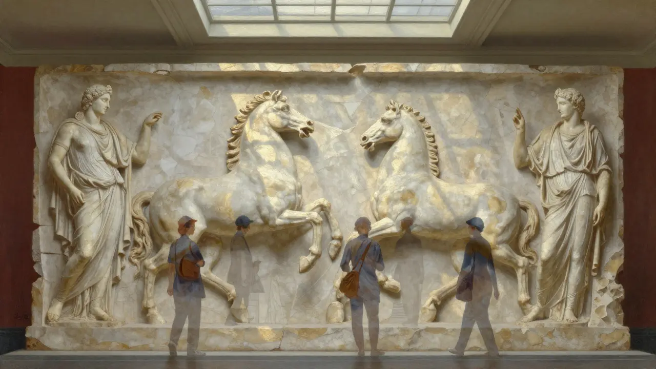 The Elgin Marbles are bathed in sunlight, with faint reflections of modern Londoners appearing in their surfaces as if history watches back.