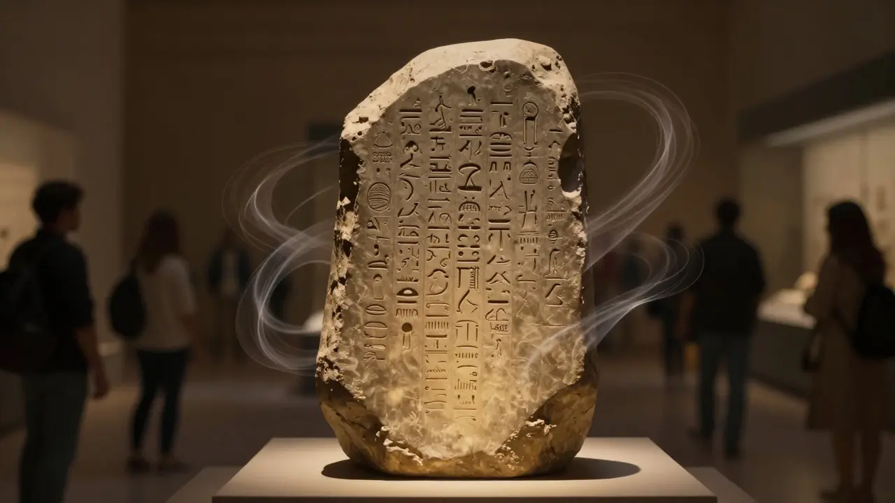 The Rosetta Stone glows softly under museum lights, surrounded by faint, swirling ancient scripts that seem to whisper its secrets.