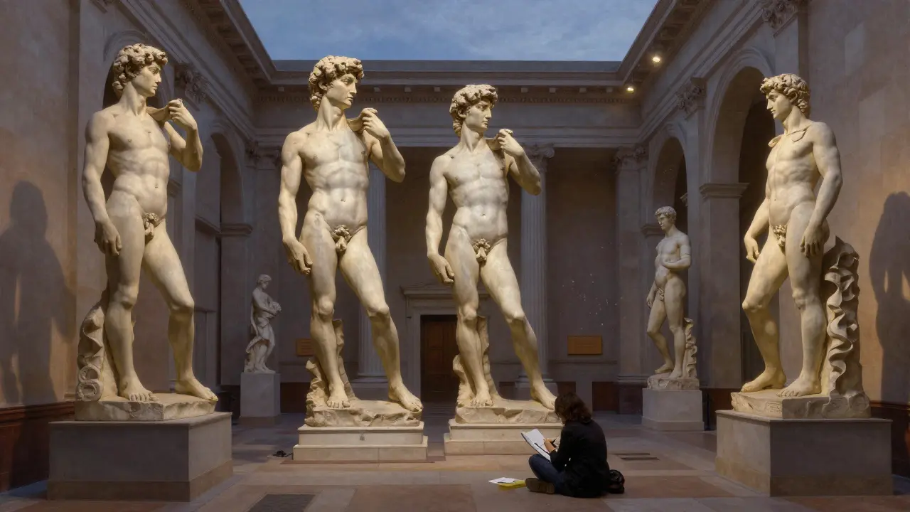 The serene Cast Courts at the V&amp;A Museum with massive plaster statues and a solitary sketcher at dusk.