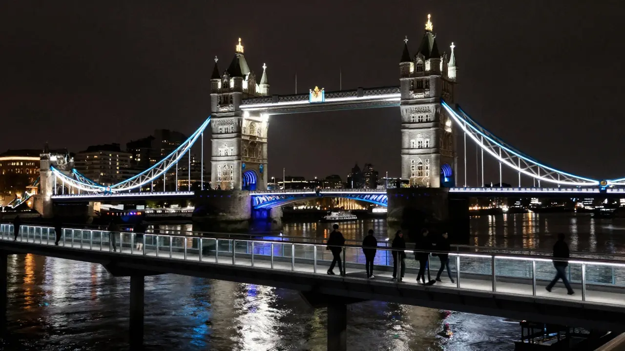 Tower Bridge at night lit in blue and white LEDs, reflections on Thames, glass walkway above, Tower of London in distance.