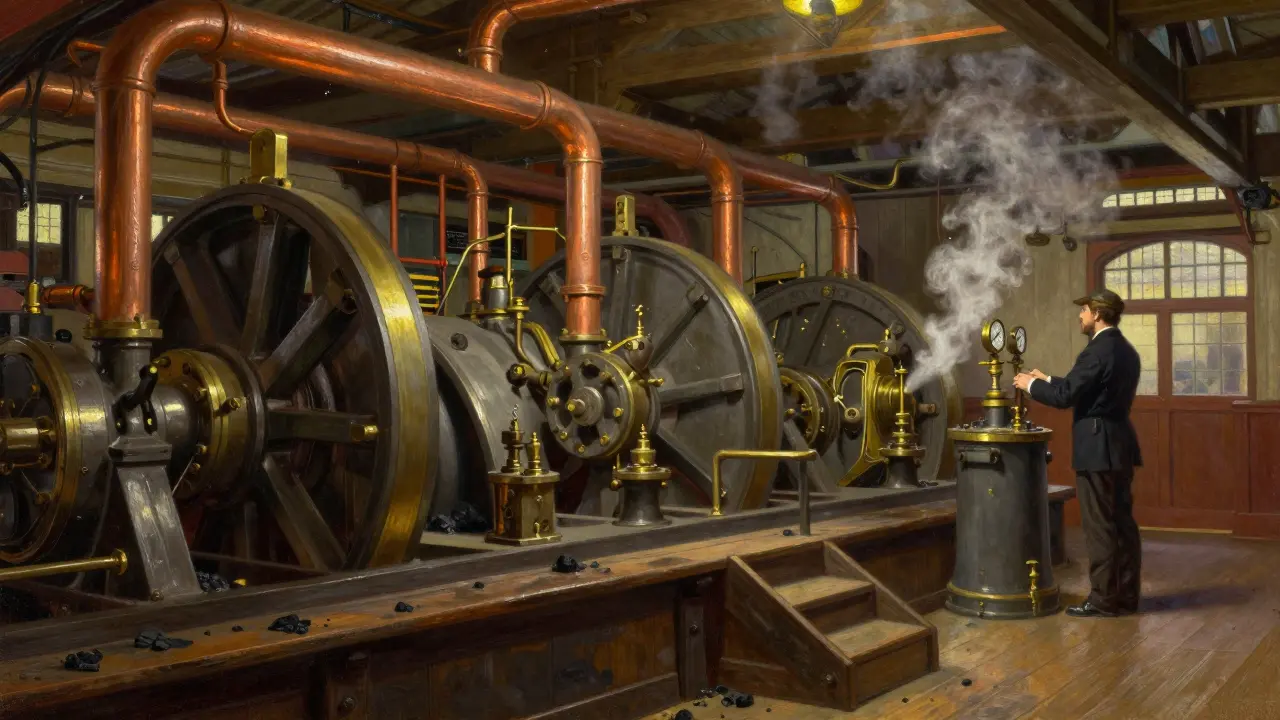 Victorian steam engine room inside Tower Bridge with brass machinery, wooden steps, and soft glowing light.